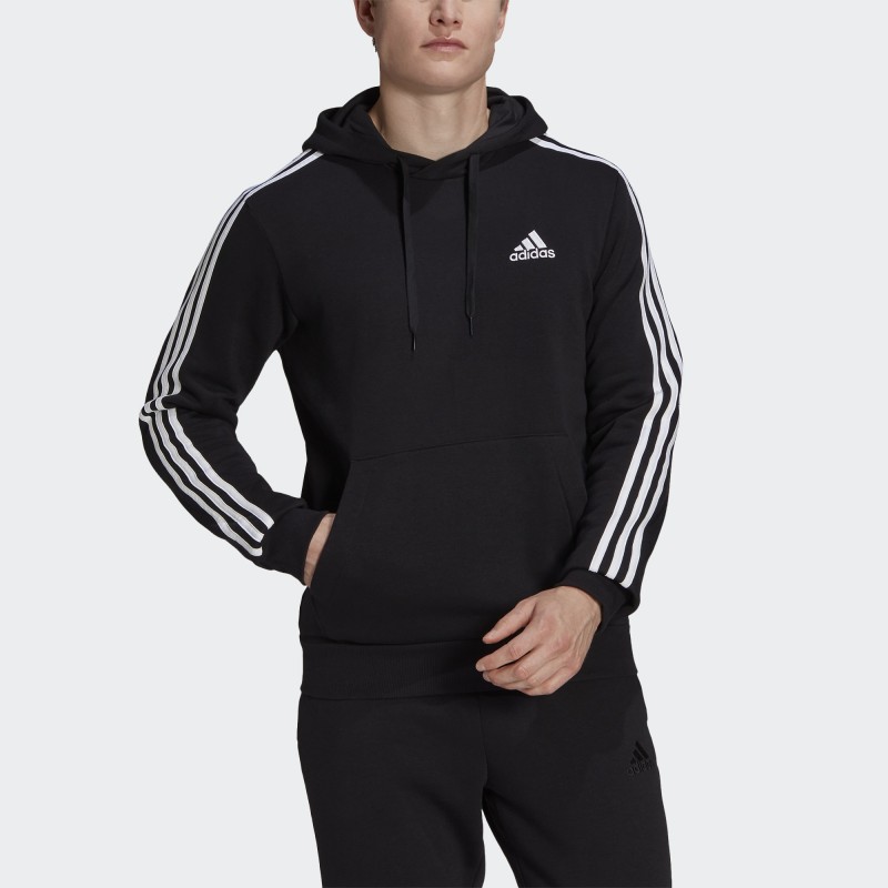 Adidas Essentials 3-Stripes Ανδρικό Φούτερ με Κουκούλα και Τσέπες Fleece Μαύρο GK9072, GK9072